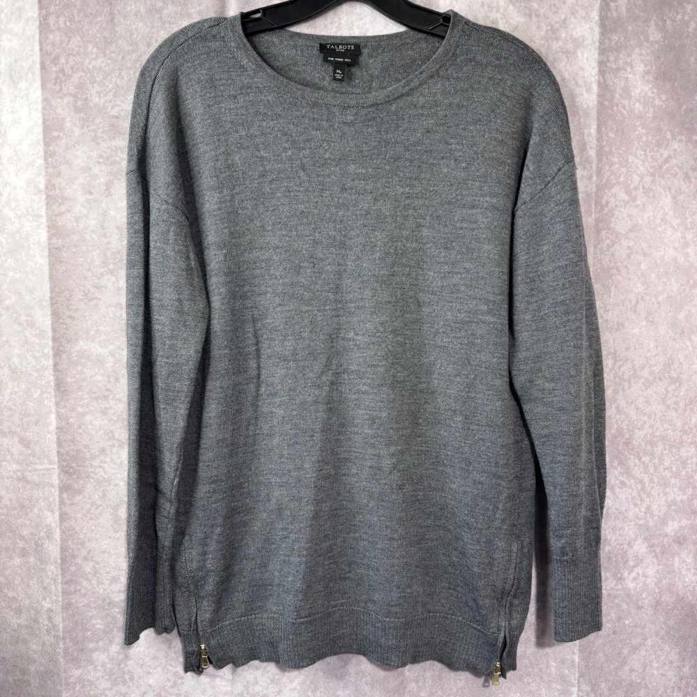 Talbots Petites Medium Women‎ Gray Pure Merino Wool Crew Neck Side Zip  Sweater